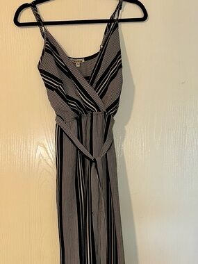 Striped Black & White Wrap Jumpsuit with Tie Waist and pockets